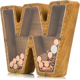 Personalized Wooden Piggy Bank LETTER for Boys Girls Adults - Durable Oak Wood Coin Banks 3 SIZES to Choose From - Kids Nursery Decor Engraved Money Box - Christmas Baby Shower Gift (Letter W)