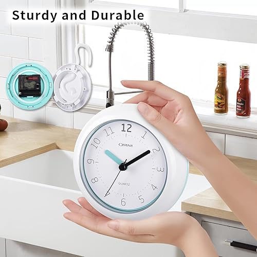 Vista 47 de OSTAR Reloj de ducha de baño impermeable, reloj analógico de cuarzo, soporte colgante de doble propósito, funciona con pilas AA, tamaño redondo