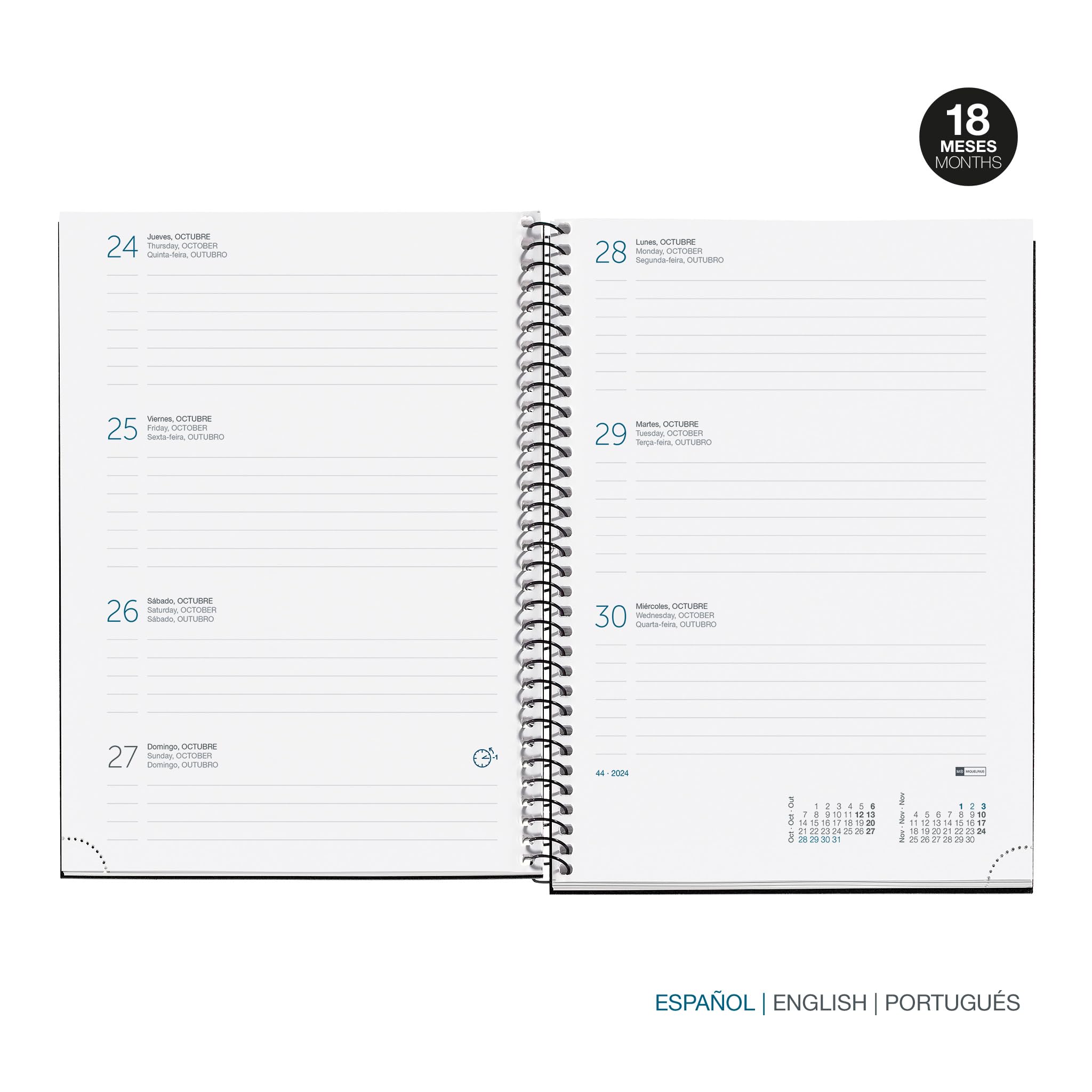 Miquelrius, Diary 18 Months 24-25, July 2024 to December 2025, Plus Size 155 x 213 mm, Week View, Copper Metal Spiral - Image 2