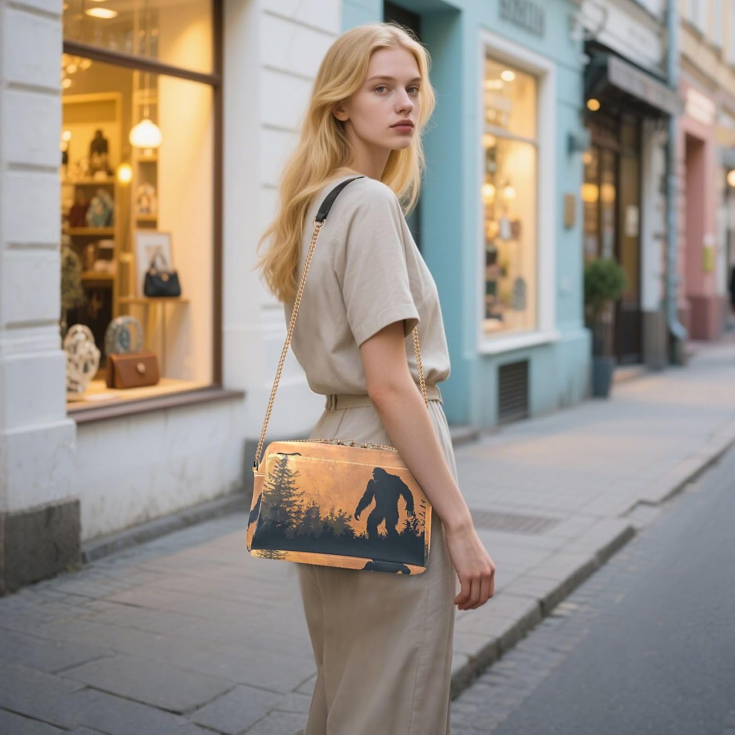 Women Crossbody Bag Shoulder Handbag Cellphone Purse PU Leather Metal Chain Strap Water Resistant Zipper Closure Silhouettes Sasquatch Print