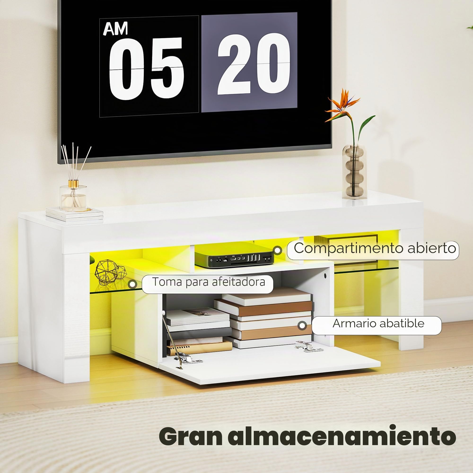 HOMCOM Mueble TV 120 cm con iluminación LED RGB, alto brillo, mueble de TV para hasta 43-50 pulgadas, estantes de cristal templado y armario abatible, banco de TV para sala de estar, dormitorio