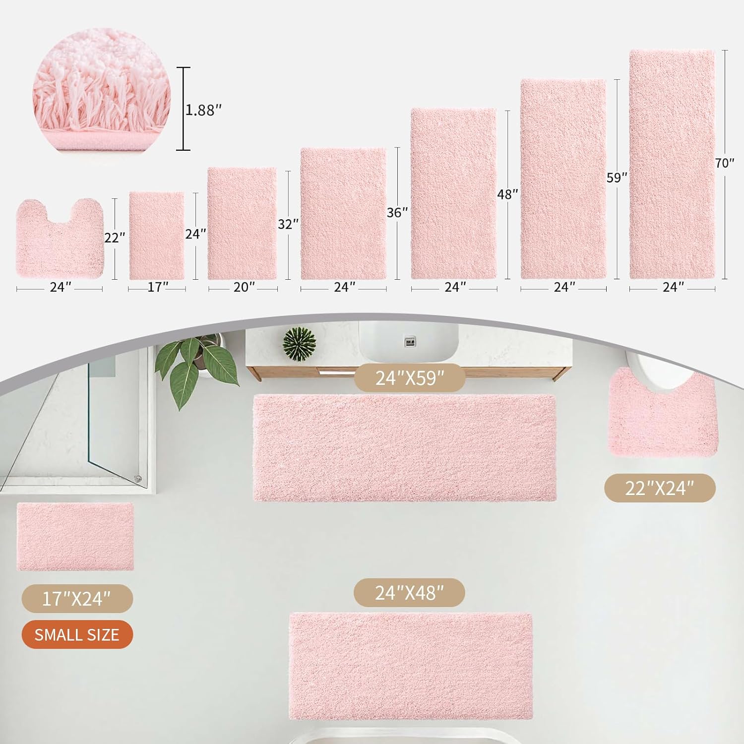 Pink Bathroom Rug 24x36 - Non-Slip Plush Thick Bath Mat, Highly Absorbent & Ultra Soft Fluffy Floor Mat, Machine Washable for Shower and Tub