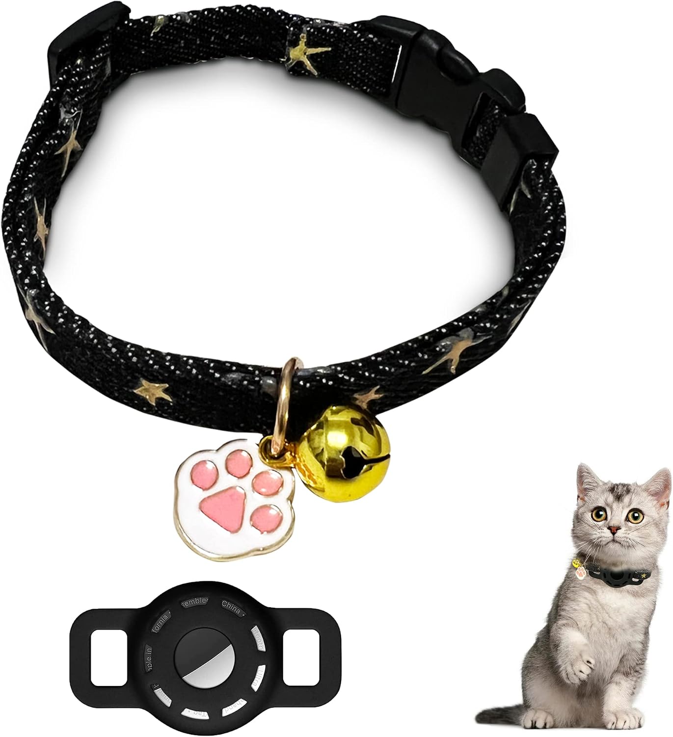 Wakdiz Airtag Cat Collar with Bell,8.6-12.8 Inch Cotton Airtag Pet with Star Pattern Holder Collar for Cats，Breakaway Cat Collar with…