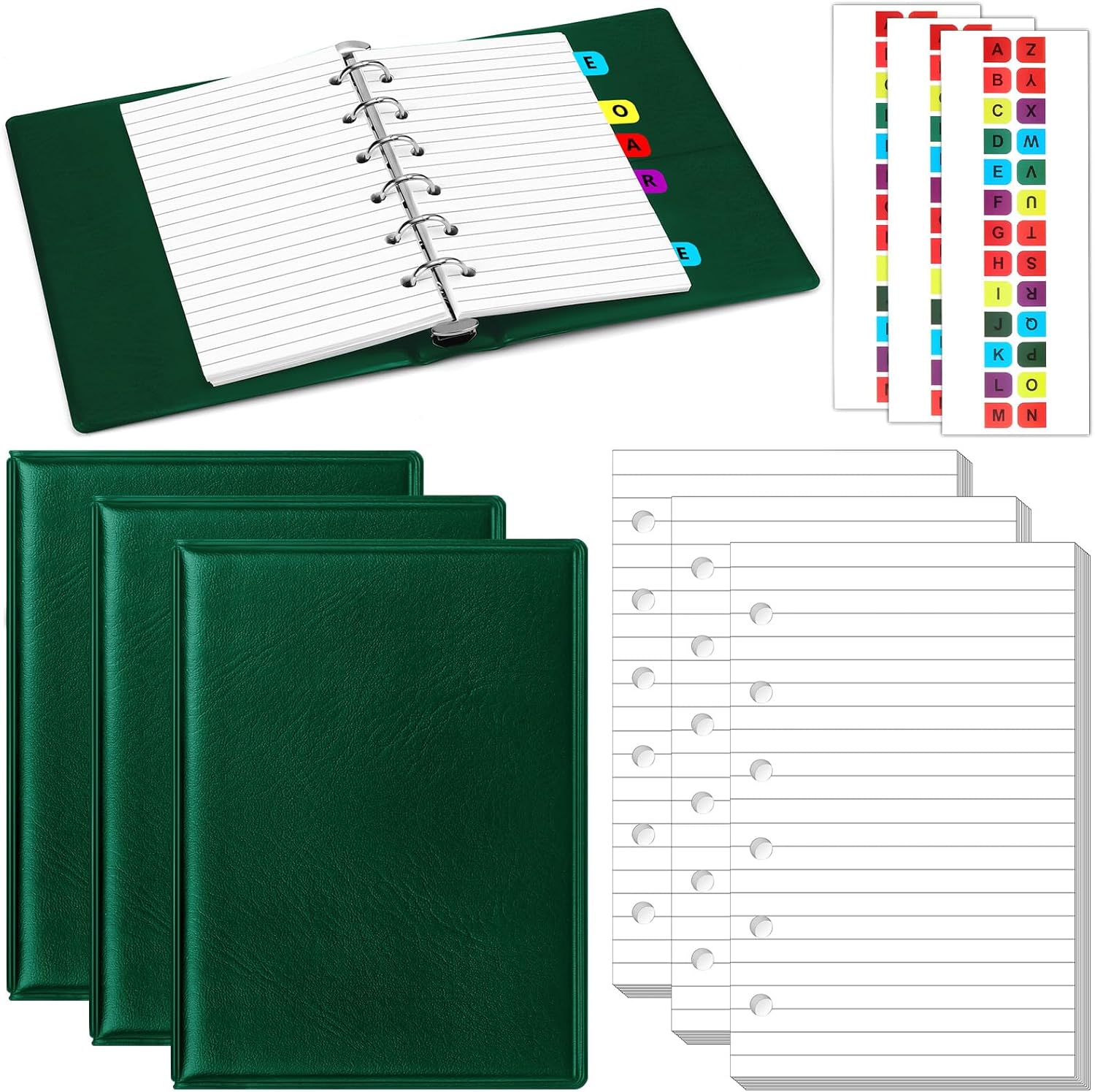 Ireer 3 Set Mini 6 Ring Binder 3 x 5 inch 300 Lined Paper Refill 78 Alphabet Divider Small Index Tab PU Leather Professional Economy Organizer Planner Binder Notebook Kit(Dark Green)