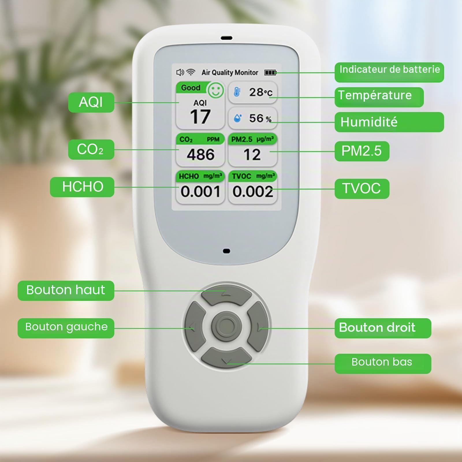 10 en 1 Appareils Mesurant Qualité Air Intérieur, WiFi Détecteur de AQI, CO2, PM1.0, PM2.5, PM10, HCHO, TVOC, Température et Humidité, Moniteur de Pollution détecteur co2 connectivité avec APP