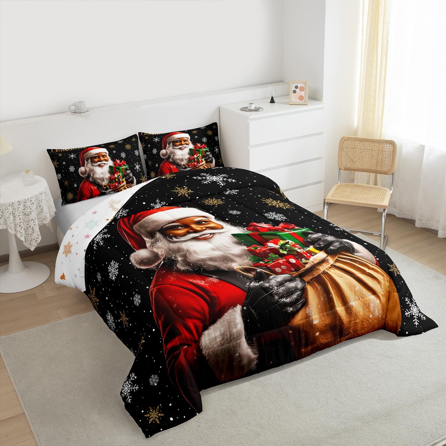 Feelyou Christmas Comforter Set Full Size Black Santa Claus Bedding Set for Kids Boys Girls Xmas Gifts Duvet Quilt African American Man Bedroom Decor Snowflake Microfiber 3Pcs with 2 Pillow Cases