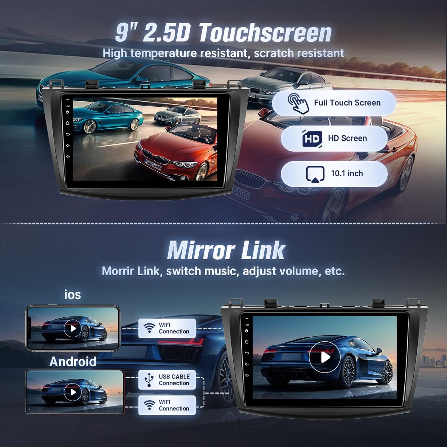Image showing a smartphone screen mirrored onto the car stereo display, with options for iOS and Android connections via WiFi or USB cable.