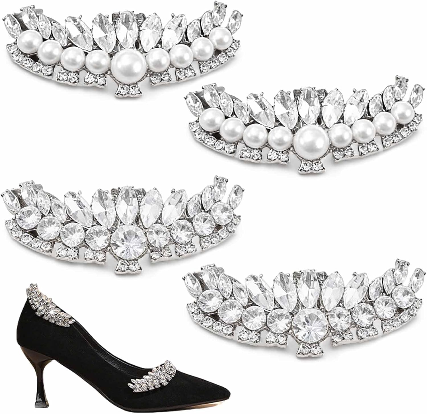 4 PCS Silver Pearl Rhinestone Shoe Clips Detachable Shoe Jewelry Clips Bridal Wedding Crystal Decorative Shoes Buckle Elegant Sparkling Shoes Accessories for Women Girls Heels Flats Embellishments