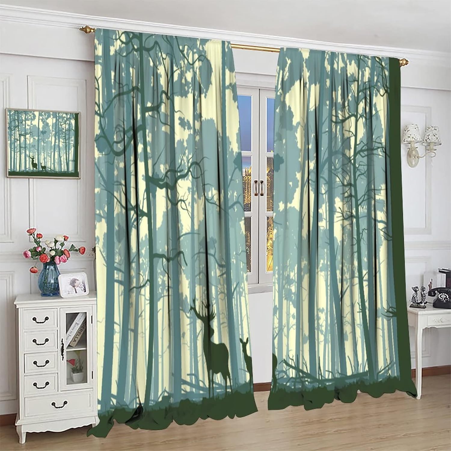 Deer Curtains Green Style Animal Silhouette Foggy Forest Nature Themed Art Rod Pocket Blackout Window Drapes 2 Panels Set for Bedroom Living Room Decor 42x45in