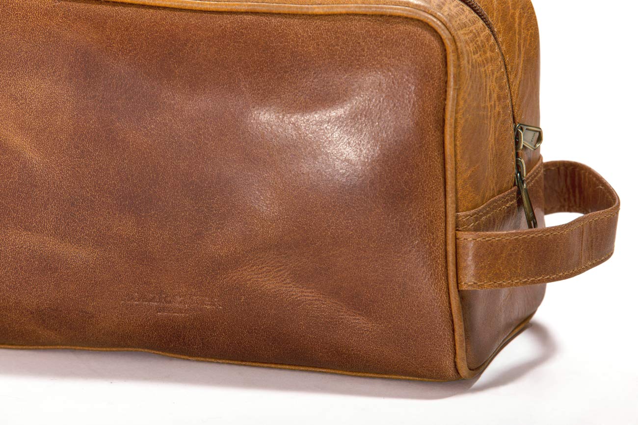 HOLZRICHTER Berlin - Kulturtasche aus Leder für Damen & Herren (No-3-1), Kulturbeutel 15x25x13cm, Echtleder Waschtasche, Camel
