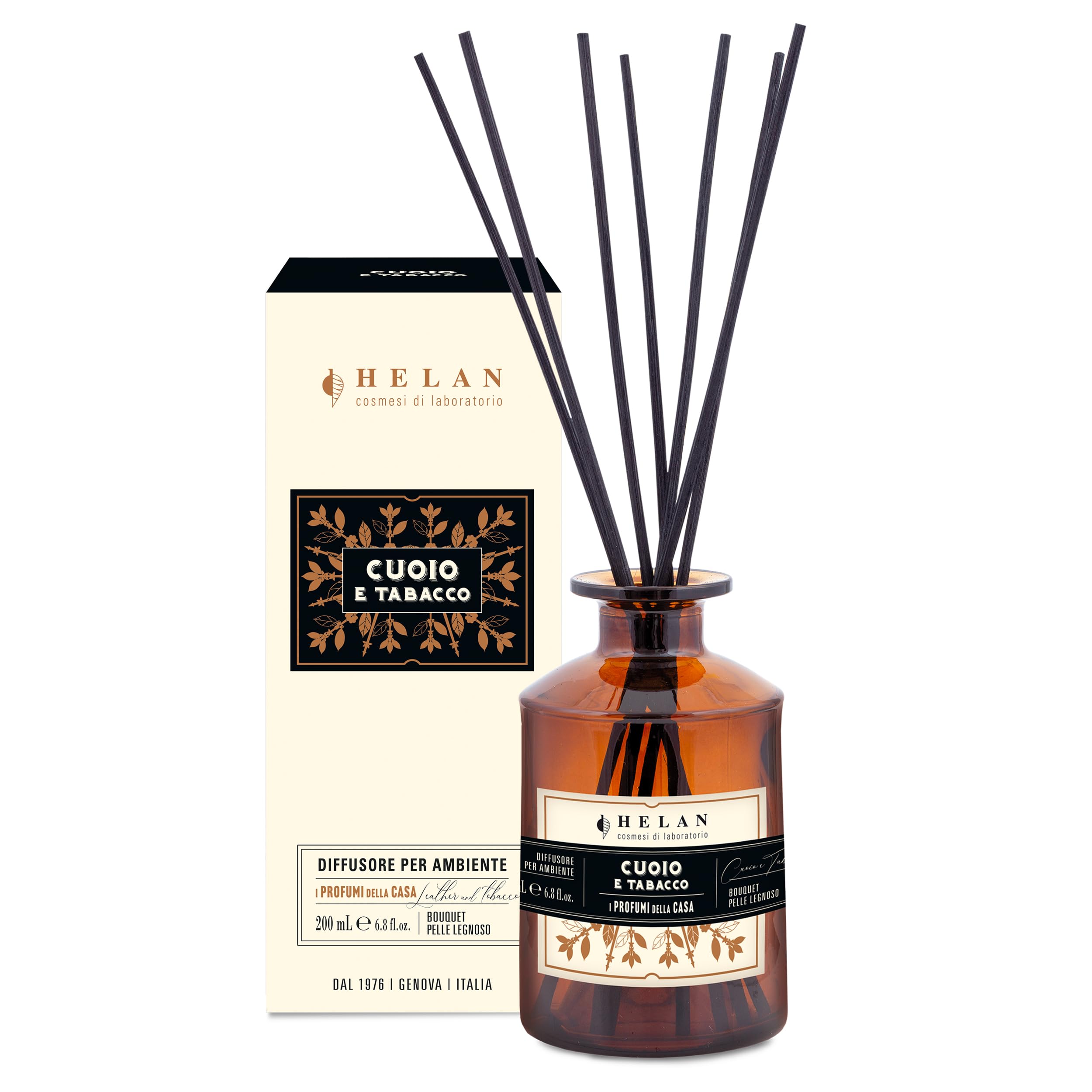 Helan Cuoio e Tabacco - Profumatore per Ambienti, Profumo Ambiente con Bastoncini per Diffusori con Incenso e Zafferano, Idee Regalo Deodorante e Profumatori Ambiente 200 ml, Profumi Made in Italy