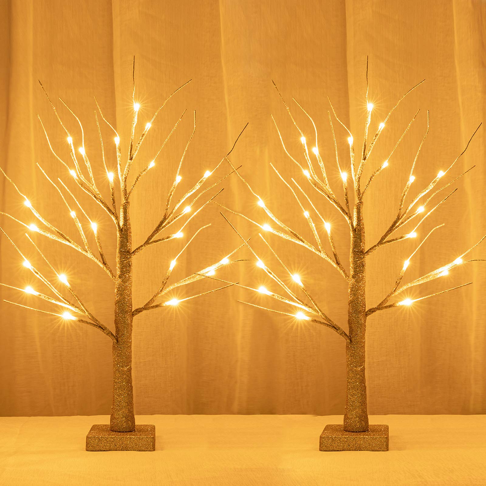 Sunnyglade 2PCS 2Ft 24 LED Birch Tree Light Fairy Tree Bonsai Tree Light Warm White for Home Wedding Festival Party Christmas Decoration (Golden)