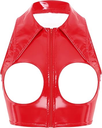 Womens Faux Leather Open Breasts Nipples Crop Tops Bra Tops Sleeveless Cutout Vest Lingerie