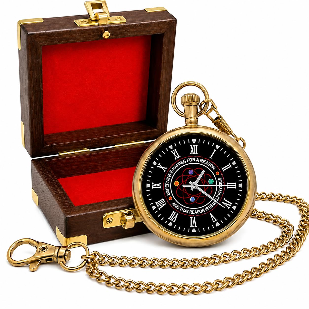 Personalized Brass Pocket Watch for Men with Custom Engraved Dial, Backside & Wooden Gift Box | Vintage Open Face Gold Watch with Chain | Custom Gift for Husband, Father, Boyfriend-image-26
