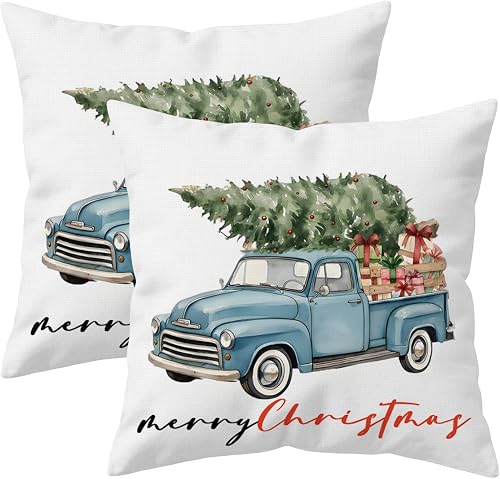 Doobicy 18x18 Christmas Pillow Covers Set of 2,Blue Vintage Truck Christmas