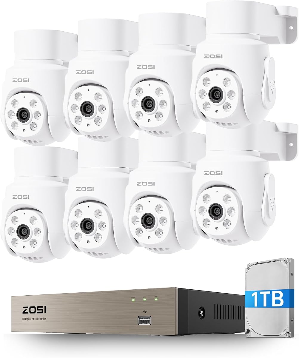 ZOSI Sistema de cámara de seguridad con cable de 5 MP, 8 cámaras 1080p 360° con giro/inclinación resistentes a la intemperie, grabación de audio, detección de vehículos humanos AI, visión nocturna, DVR doméstico H.265+ 8 canales con disco duro de 1 TB para vigilancia 24 horas al día, 7 días a la semana
