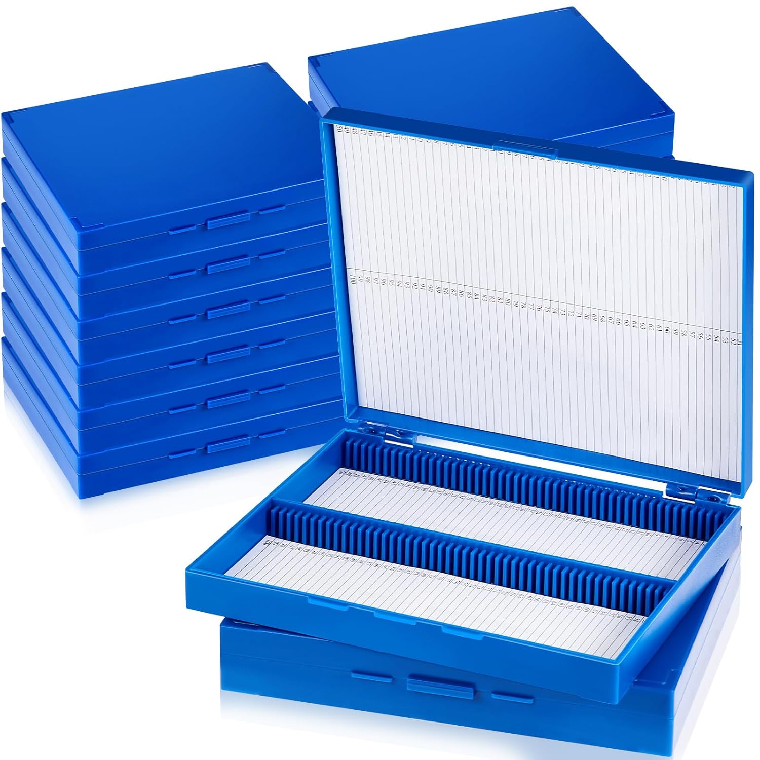 16 Pcs Microscope Slide Storage Box, Plastic Microscope Glass Slide Holder with Latch Lock for 25mm × 75mm Microslide (100place,7.87 x 6.30 x 1.26 Inches,Blue)