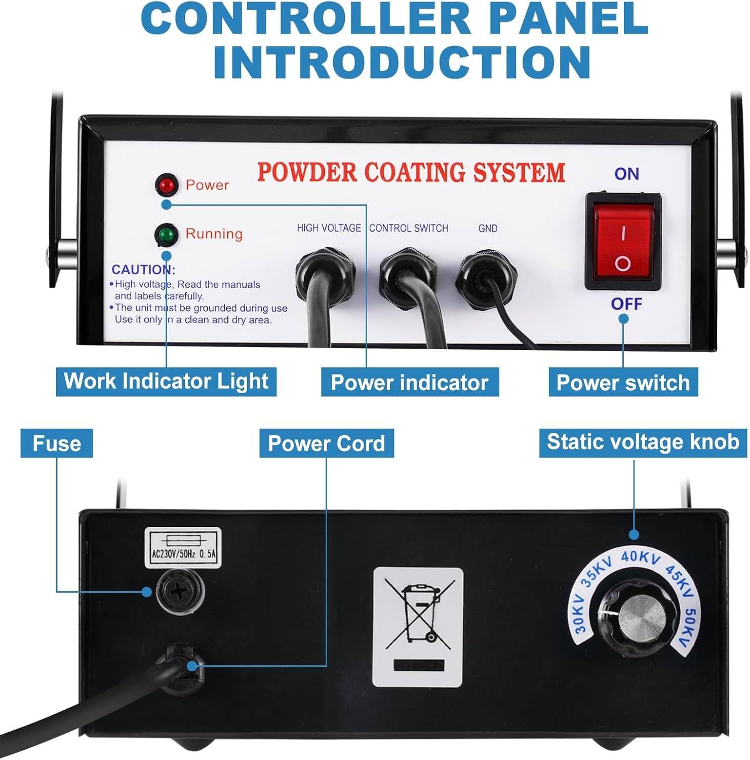 Electrostatic powder coating system, powder coating gun, powder coating machine with spray gun, foot switch, paint gun
