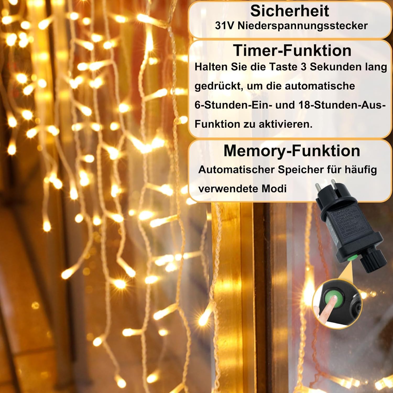 Catena Luminosa da Esterno, Cascata di Luci 15 m, 600 LED, Luce Bianca Calda, Impermeabile IP44, Spina UE, Timer e 8 Modalità di Illuminazione, per Natale, Feste, Giardino e Balcone