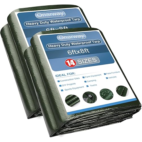 Onarway Poly Tarps Waterproof for Outdoor: Green Tarpaulin 6Mil Thicken 6x8 Ft 2Packs- Anti-UV Waterproof Tarp Cover with Grommets Multipurpose for Boat Pool Roof Camping