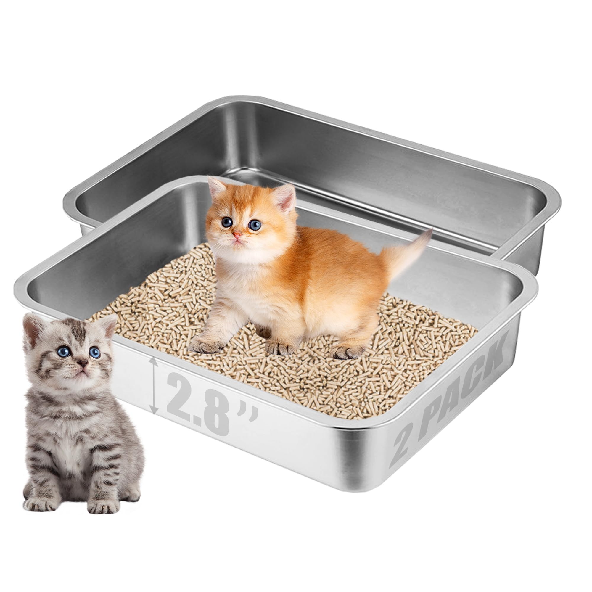 Photo 1 of 2 Pack Low Entry Cat Litter Box, 17.7"×13.8"×2.8" Stainless Steel Kitten Litter Box for Small Cat, Kitty Shallow Litterbox for Guinea Pig, Puppy, Hamsters Toilet