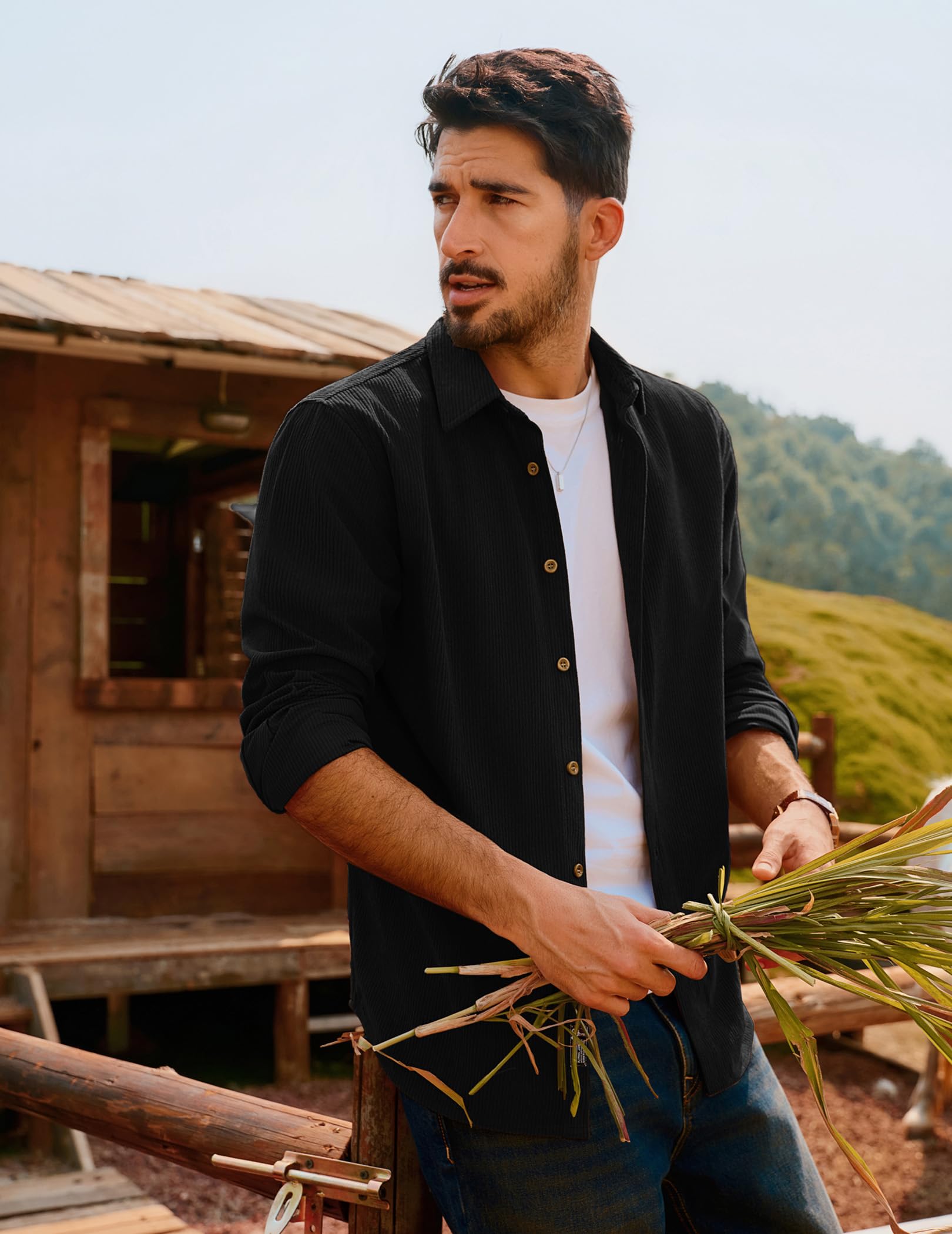 PJ PAUL JONES Camicia da uomo in velluto a coste casual con bottoni, giacca leggera