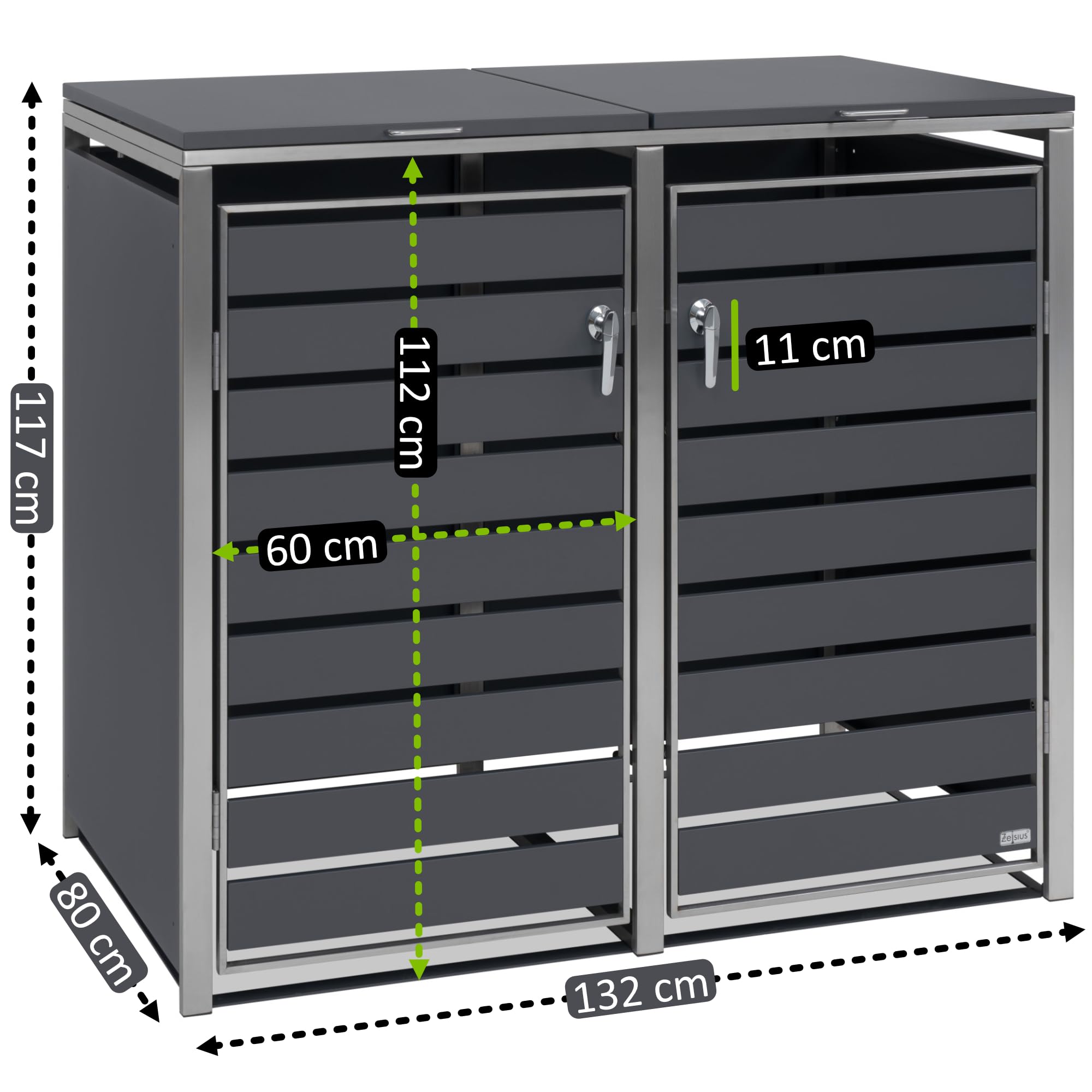Zelsius Edelstahl Mülltonnenbox 2er Mülltonnen | (B) 132 x (T) 80 x (H) 117 cm | Anthrazit RAL7016 | inkl. Erweiterungsmöglichkeit | Mülltonnenverkleidung, Garten Müllbox, Müllhaus