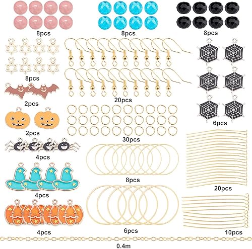Miniatura 51 de SUNNYCLUE 1 caja de 10 pares de aretes de Halloween, kit de iniciación de esqueleto, hueso, araña, calabaza, cuentas de vidrio para kits