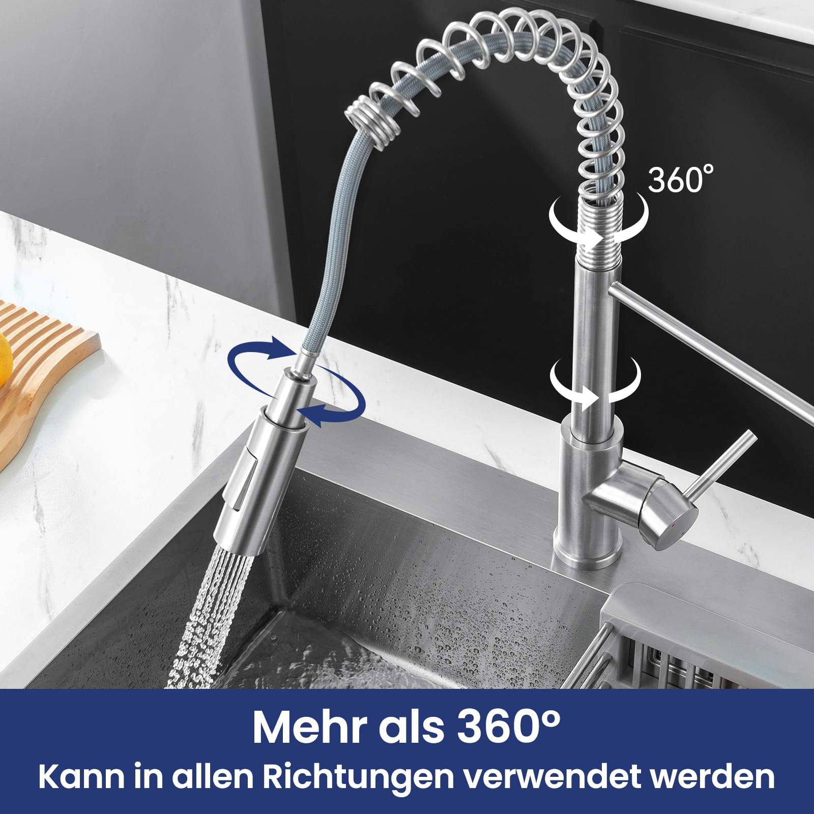 CECIPA Wasserhahn Küche, Hochdruck Küchenarmatur Mit Herunterziehbare Brause, Mischbatterie Küche Zwei Sprühfunktionen, Hoher Bogen Spültischarmatur 360° Drehung, Edelstahl Gebürstet | 360° Drehung, Armatur Küche mit Zwei Wasserstrahlarten, Einhebel,Heiße