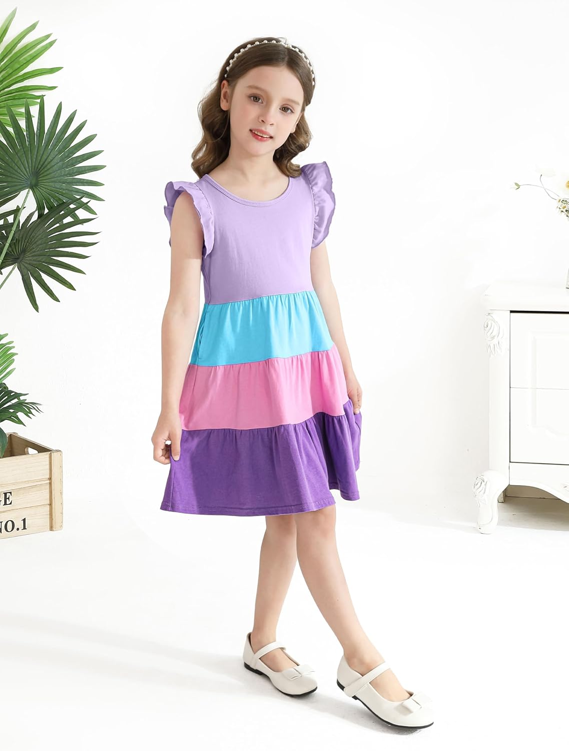 Poroka Girls Ruffle Sleeve Dress Tiered Swing A-Line Twirly Skater Midi Casual Dress for Kids with Pockets Summer Fall Winter 5T Lilac image 6 of 6 B0DQDCZ365