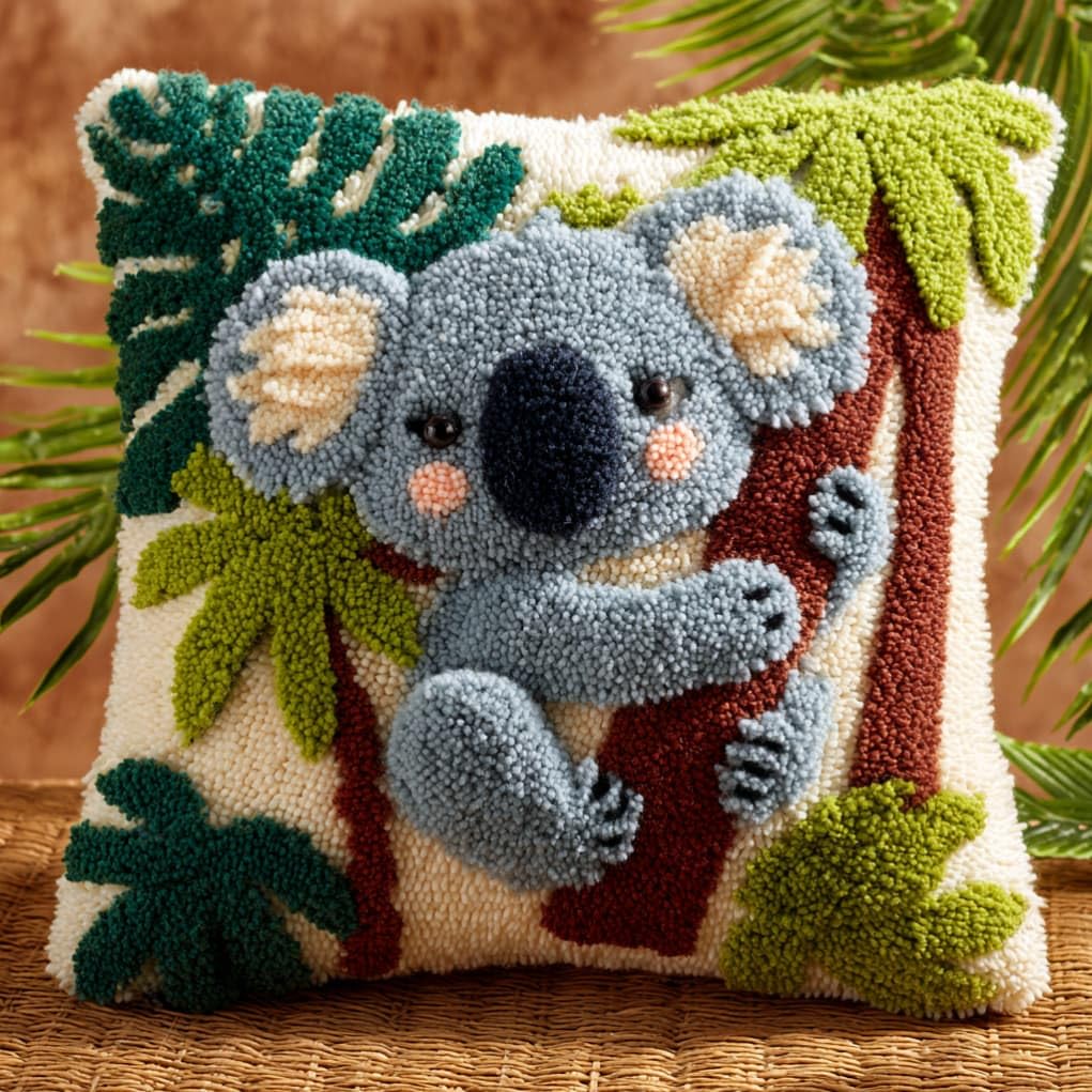 AxiangziK Latch Hook Pillow Kit for Adults,Koala 43X43Cm Handmade Embroidery Kits,Cross Stitch Sofa Cushion Cover with Crochet Yarn for Beginners and Home Decor