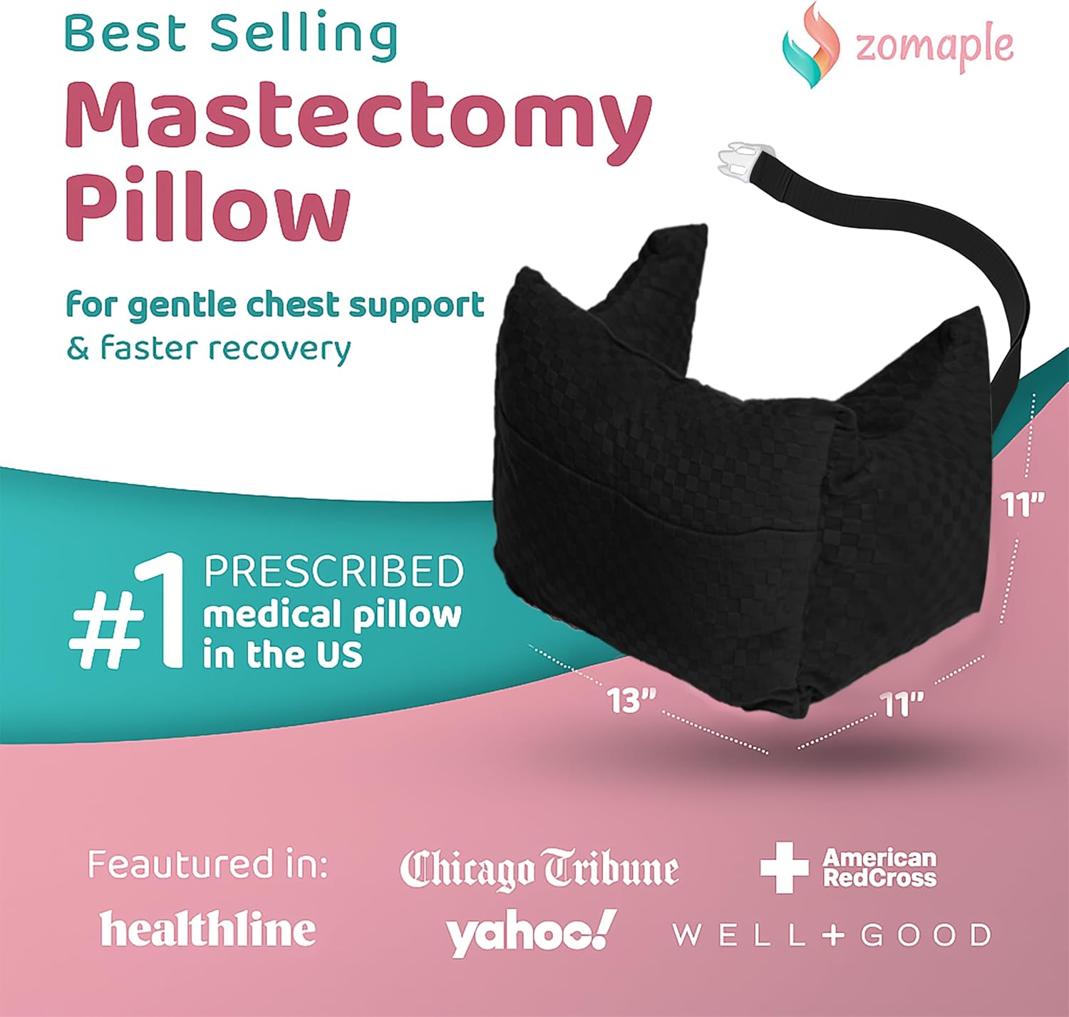 Zomaple Mastectomy Recovery Pillow with Gel Pack – Post-Op Essentials, Breast Augmentation/Reduction & Mastectomy Recovery Supplies – Washable Cover for Comfort & Support Black Grid Original