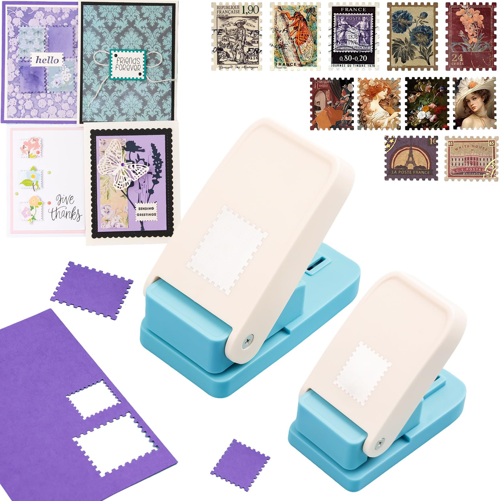 2 Stück Stempelstanzer, Stempelstanzer, 3,8 x 3,2 cm, groß und 1 x 2,3 cm Briefmarkenförmiger Papierstanzer, Stanzer für Bastelarbeiten, Scrapbooking, Kartenherstellung