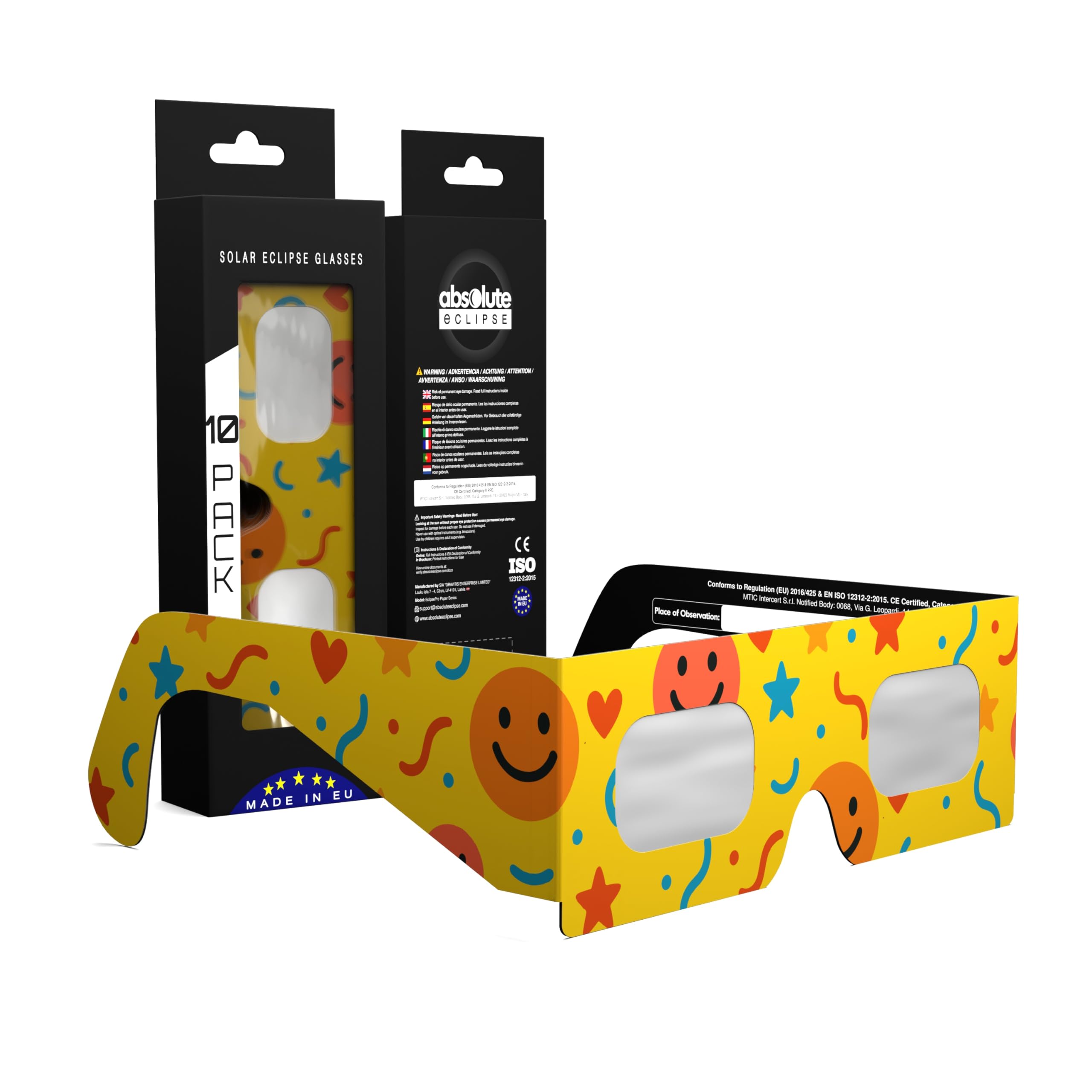 Absolute Eclipse Lunettes Enfants Eclipse Solaire 2026 pour Voir l'Éclipse - ISO 12312-2 CE Certifiées Homologuées - 10 Pack - Design Fun - Adultes Enfants - Fabricant Européen Reconnu AAS