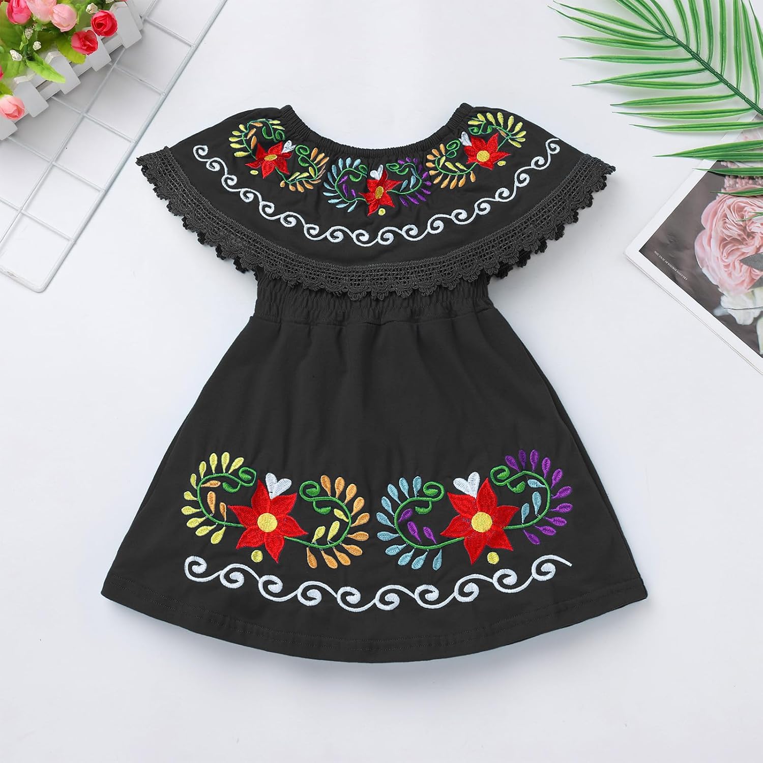 Toddler Kids Girls Mexican Dress Traditional Embroidered Floral Ethnic Wear Birthday Outfit Halloween Cosplay Costume