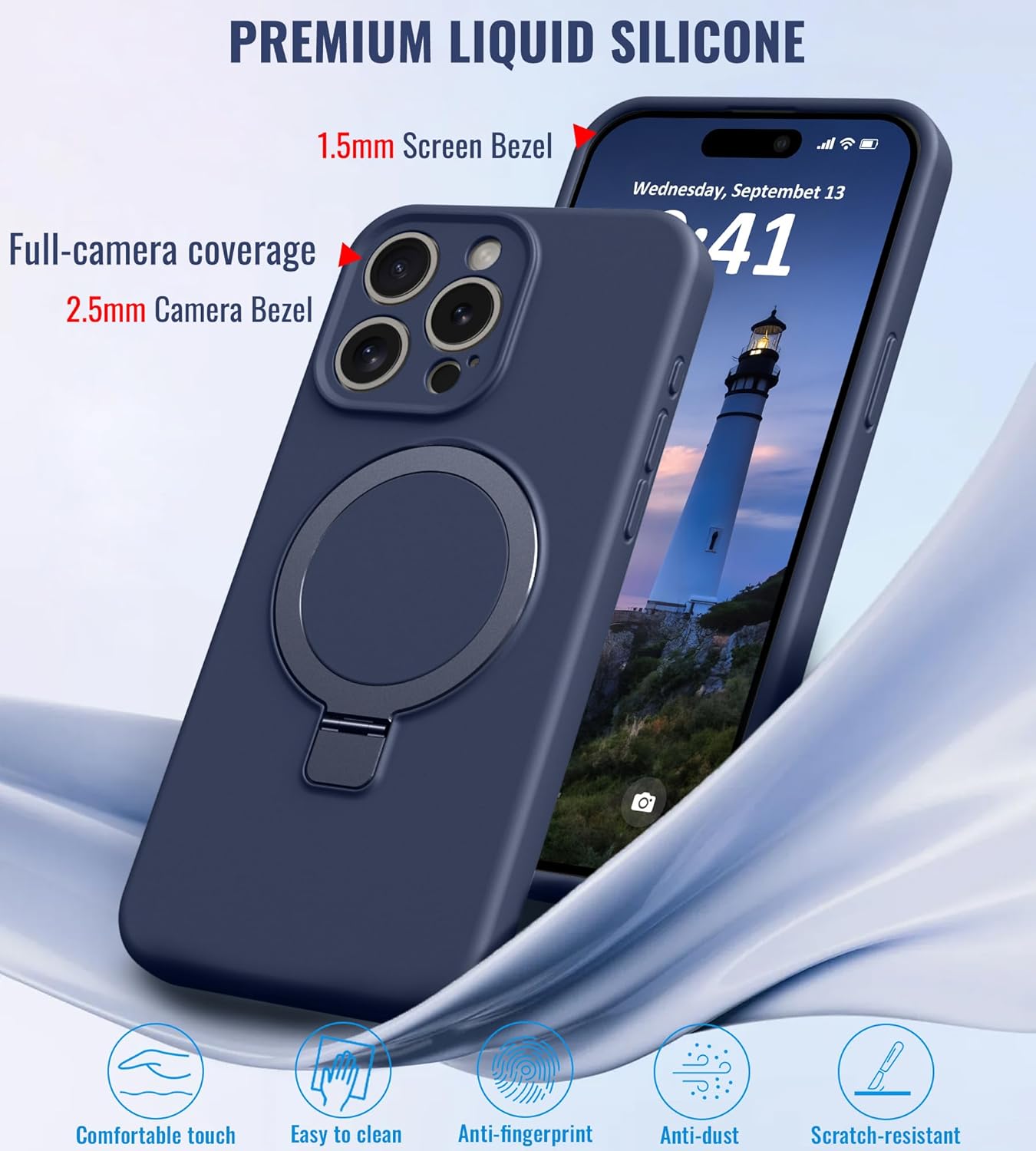 Compatible with iPhone 13 Pro Max Case Stand, Slim Full Camera Protection Liquid Silicone Phone Case Suitable for iPhone 13 Pro Max Compatible with MagSafe Ring Magnetic Kickstand, Dark Blue - Image 4