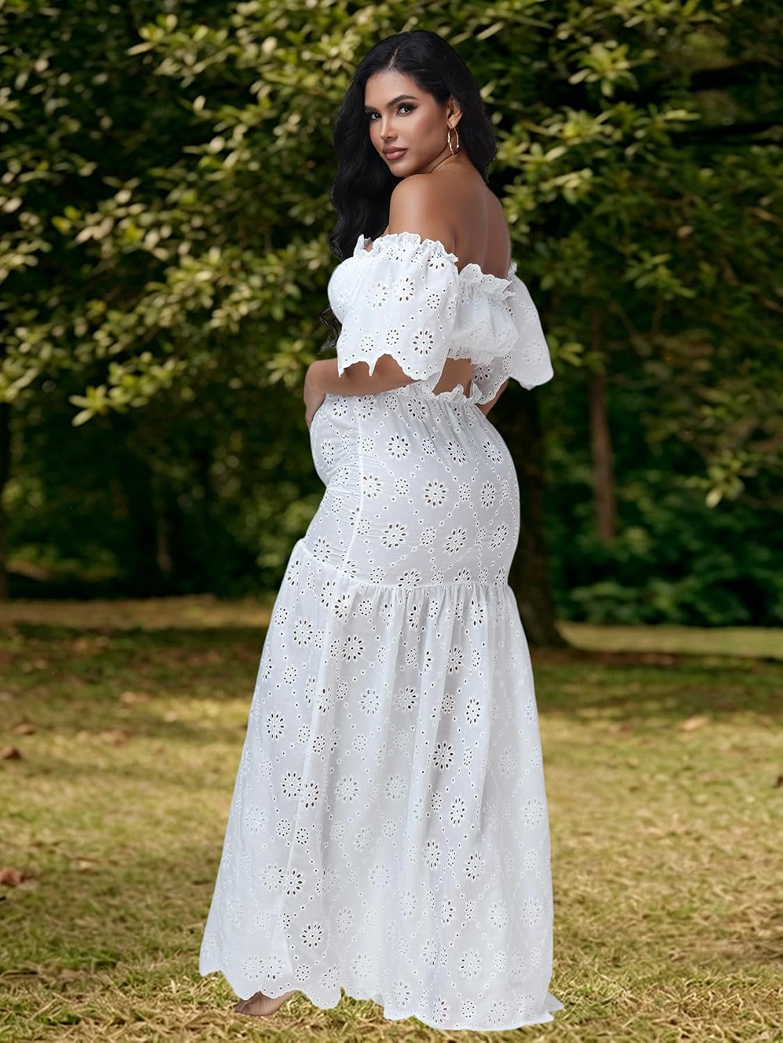 Maternity Boho Embroidered 2 Piece Outfits Dress for Photoshoot