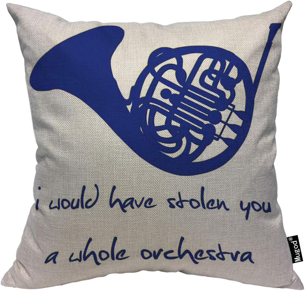 Mugod Blue French Horn Throw Pillow Cover I Would Have Stolen You a Whole Orchestra Quote Decorative Pillow Cases Square Cotton Linen Cushion Cover for Home Bed Sofa Couch 18x18 Inch