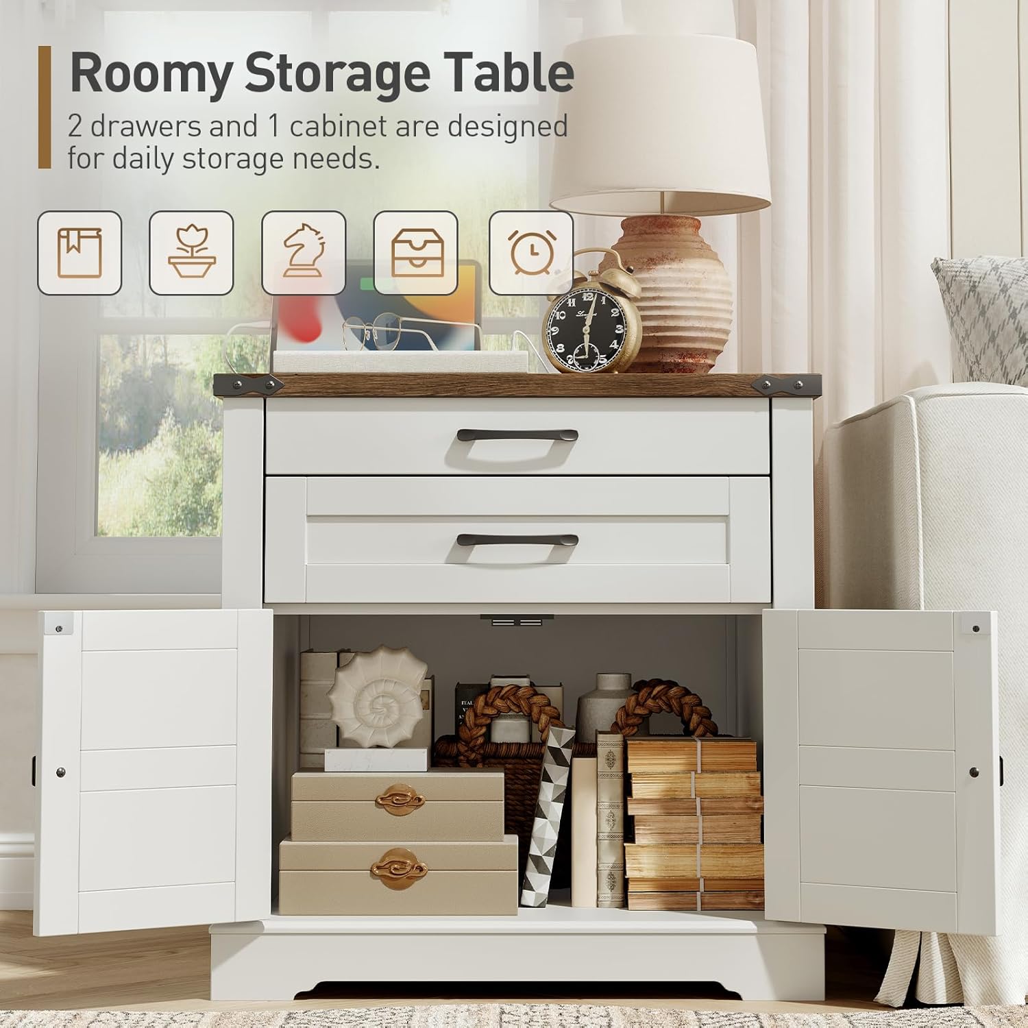 Farmhouse End Table with Charging Station, 24'' Sofa Side Table with 2 Drawers and Barn Door, Large Rustic Wooden Square Nightstand for Bedroom, Living Room, White and Walnut