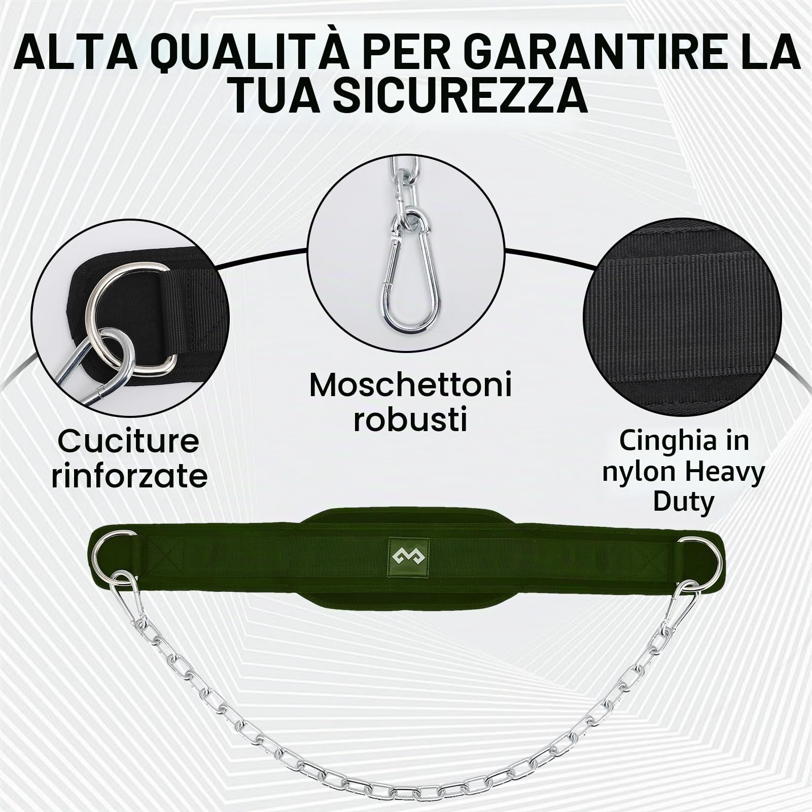 Cintura dip con catena per sollevamento pesi, cintura per trazioni, palestra, cintura per sollevamento pesi per powerlifting, squat, bodybuilding, allenamento, comodo supporto (verde militare)