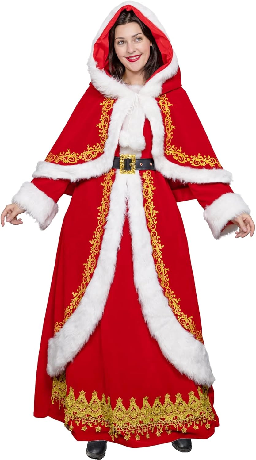 Mrs Claus Costume for Women 3PCS Adult Miss Santa Clause Dress Plus Size Outfit Suit Christmas with Hooded Cape Belt - Image 2