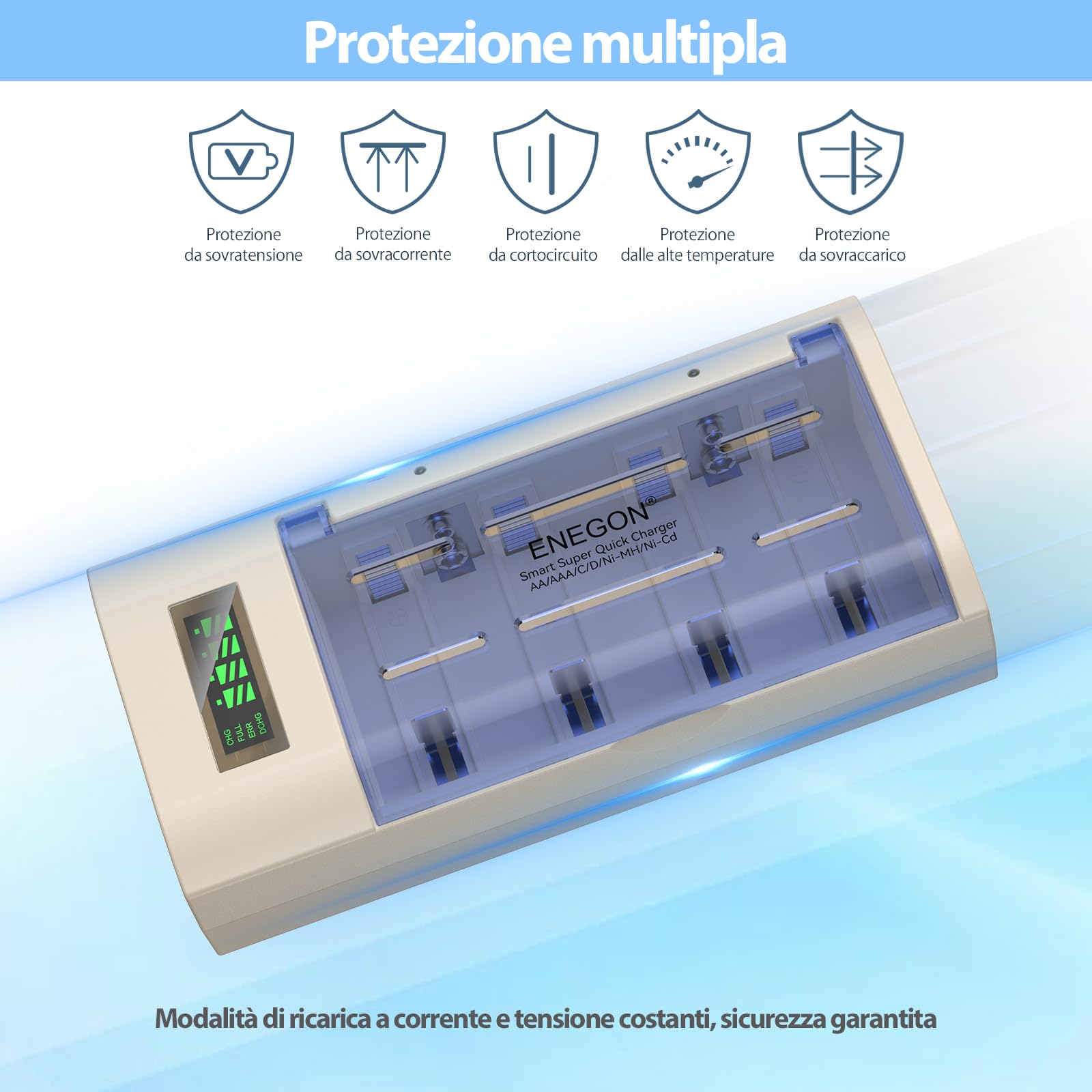 ENEGON Caricabatterie Universale per AA/AAA/C/D/9V NiMH/NiCD, con Display LCD, Funzione di Scarica e 4 Slot (Senza Adattatore)