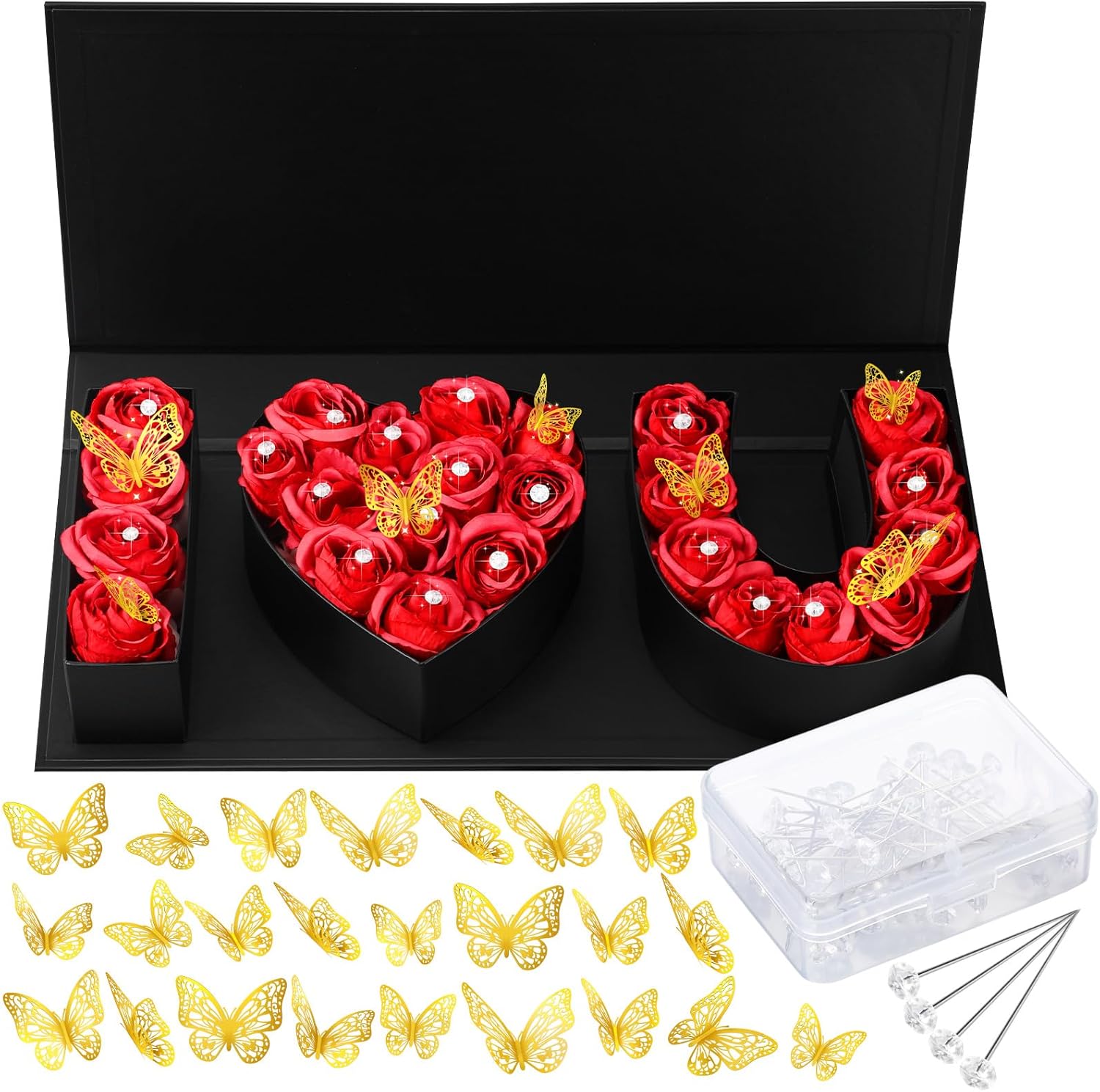 Ireer 75‬ Pcs I Love You Gift Box Valentines Day Flowers Boxes with 24 Golden Butterfly Decor and 50 Bouquet Flower Pins Valentines Day Heart Shape Box for Him Her Arrangement Decoration(Black)