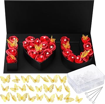 Ireer 75 Pcs I Love You Gift Box Valentines Day Flowers Boxes with 24 Golden Butterfly Decor and 50 Bouquet Flower Pins Valentines Day Heart Shape Box for Him Her Arrangement DecorationBlack