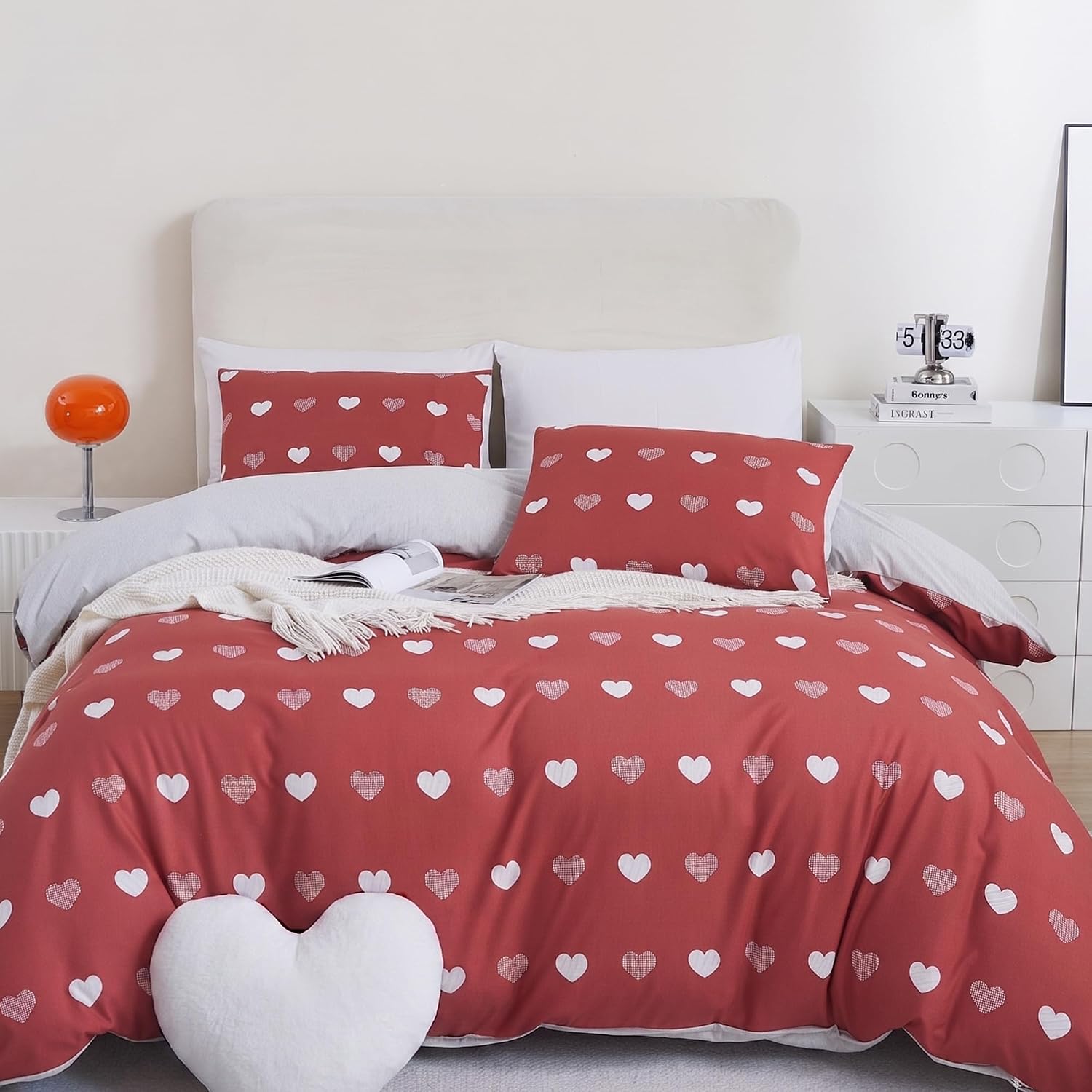 BEDAZZLED Cute Heart King Duvet Cover Set, Red & Light Gray, 3 Pieces | Soft Breathable Microfiber, Romantic Love Print Bedding Set, Hidden Zipper & Corner Ties, All Season Comfort