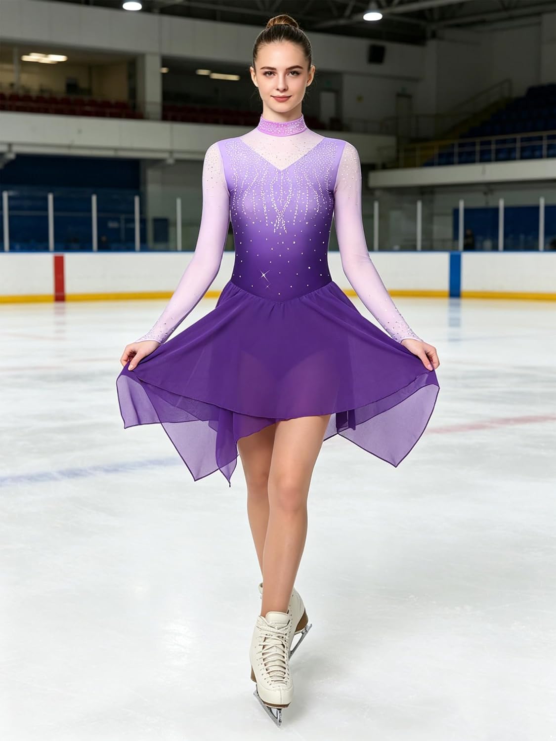 Women Figure Skating Dress Long Sleeve Gradient Color Formal Competitions Daily Training Dancewear