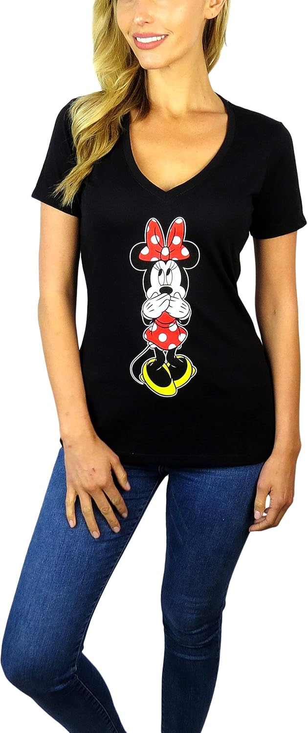 Disney Womens Minnie Mouse V-Neck Tee (US, Alpha, Small, Regular, Regular, Black)