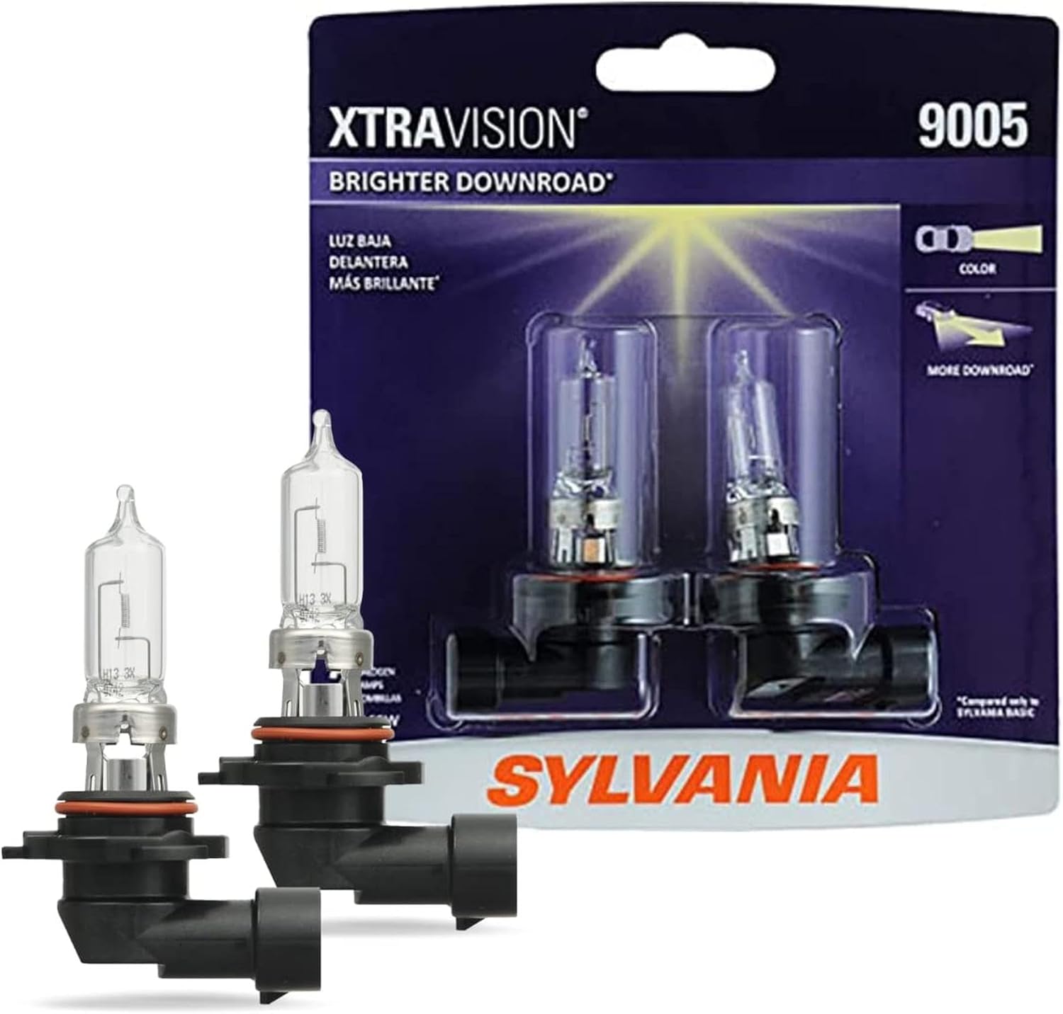 SYLVANIA - 9005 XtraVision Halogen Headlight Bulb - High-Performance Car Headlight - Halogen Light with No Glare - For Automotive - 2 Bulbs