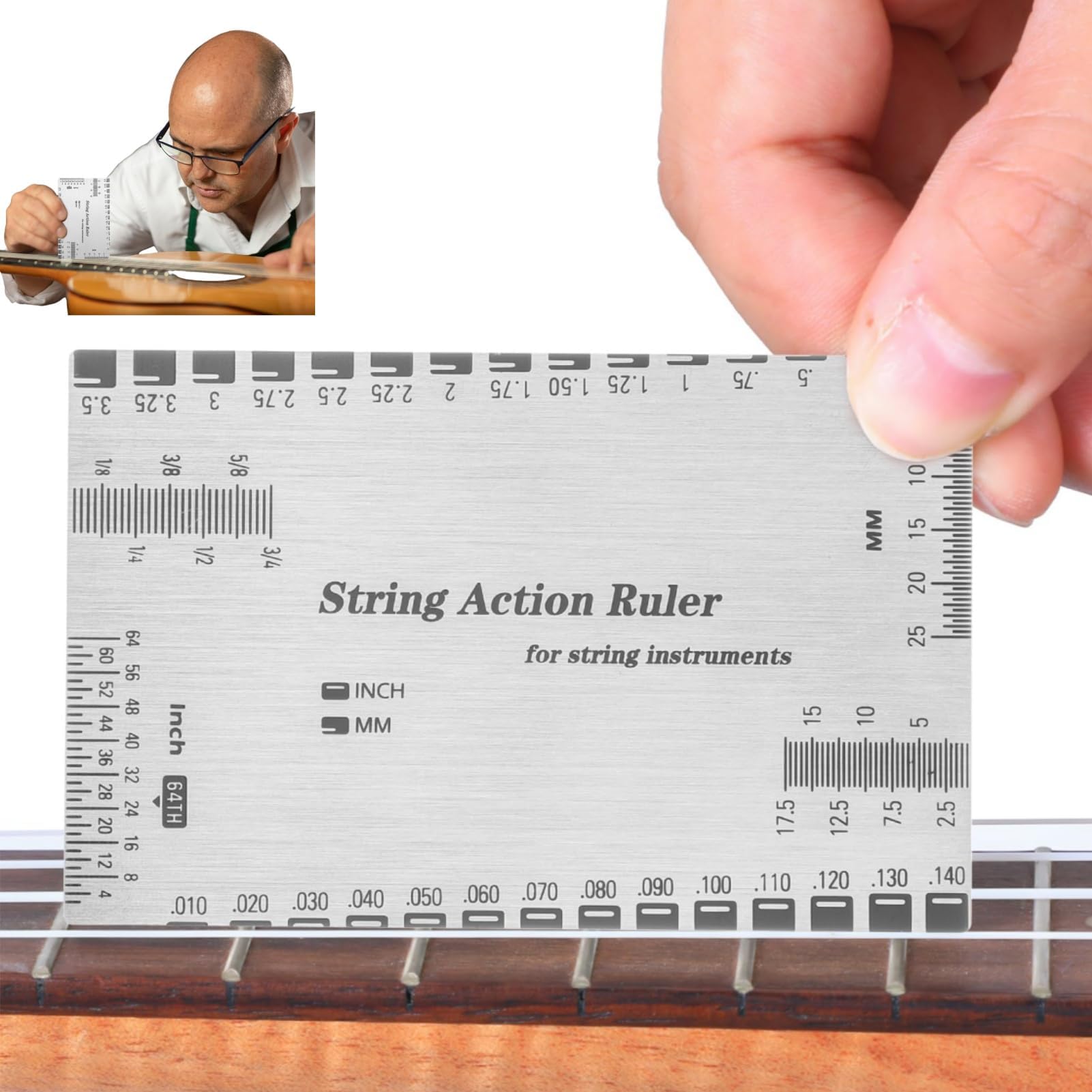 String Action Gauge Ruler, Guitar Height Gauge Set Up Tool, Action Gauge for Electric Bass and Acoustic Guitar, Setup Measuring Tool Kit for Mandolin, Banjo