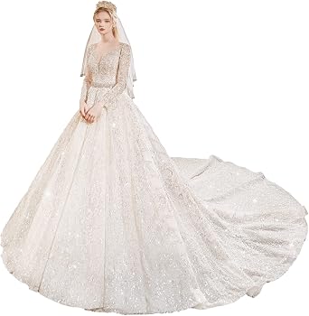 Acecare Gorgeous Wedding Dresses V Neck Backless Crystal Beading Long Sleeves A Line with Sweep Train